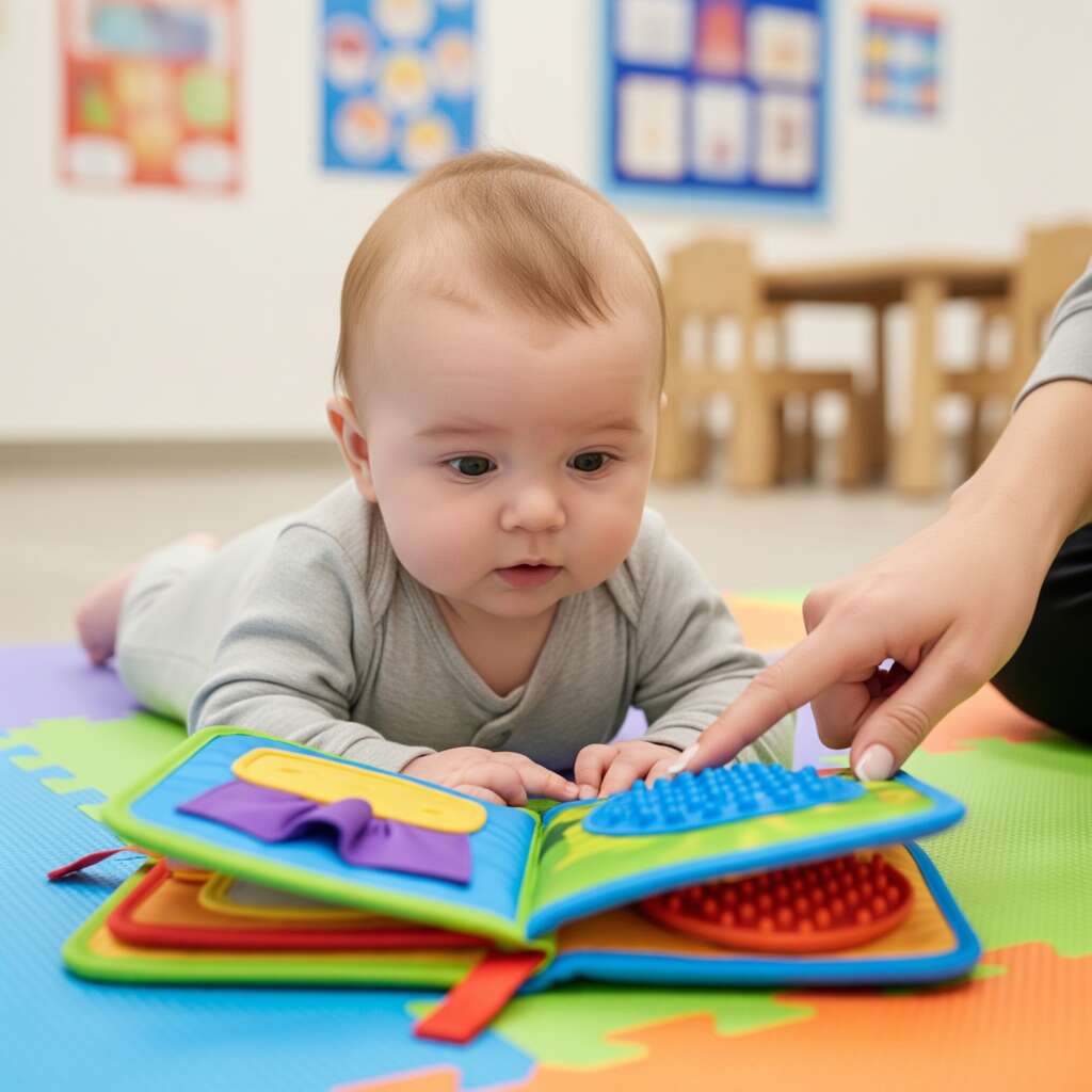 An infant lying on their tummy looking at an educational sensory book.