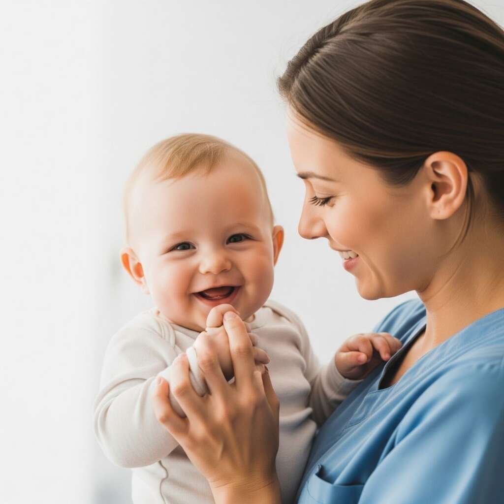 A compassionate female caregiver gently holding a happy baby.